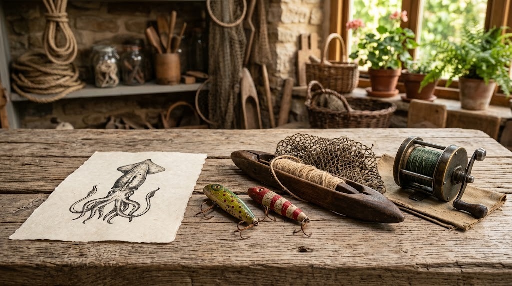 Driftwood table with an ink fish print, hand-carved lures, a netting shuttle and a vintage reel