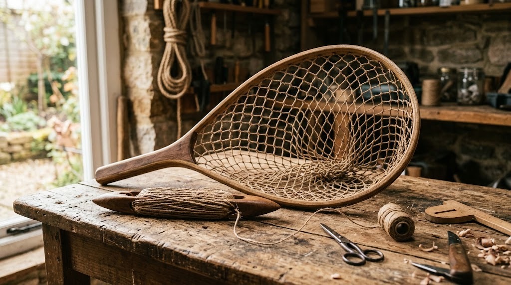 Netting shuttle and a half-made landing net bag on a wooden table