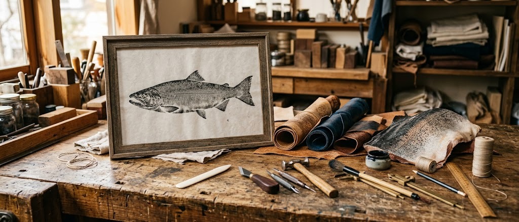 A workbench with a gyotaku print, fish leather pieces and hand tools