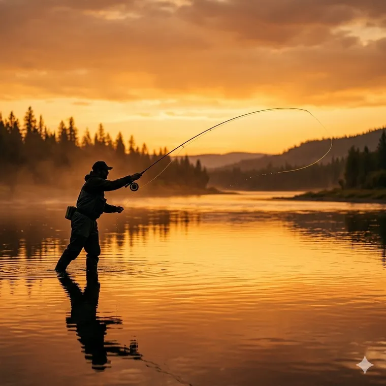 Fly fisherman casting at sunset